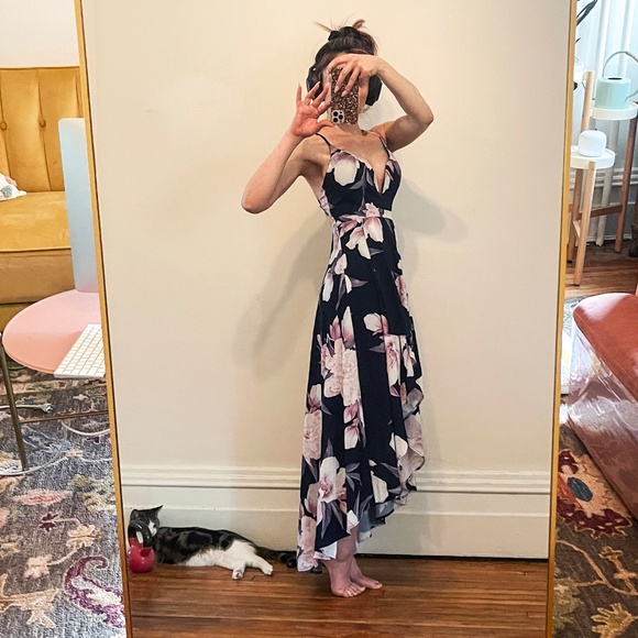 Dreamy, Dark Floral Surplice Maxi w/ Adjustable Crisscross Low Back - Picture 1 of 10